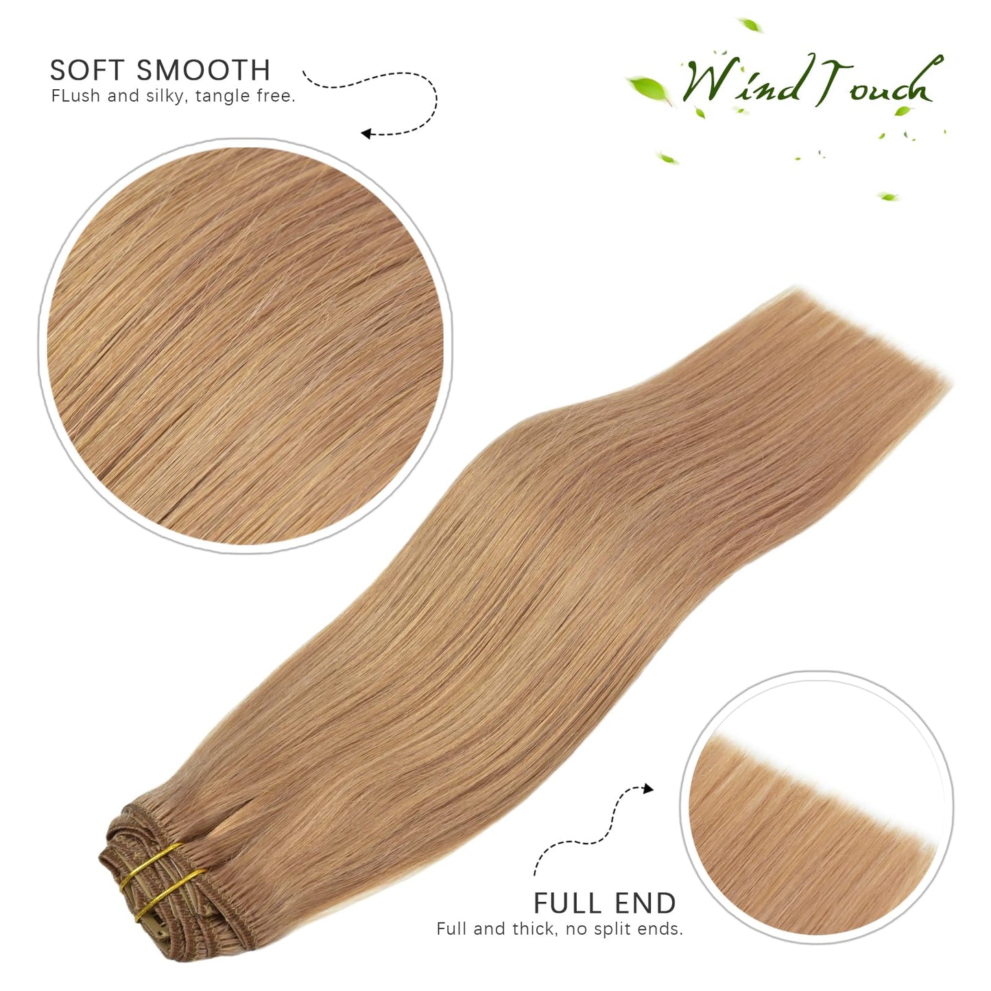 WindTouch Clip in Hair Extensions Real Human Hair Dark Blonde Hair Extensions 15Inch Straight 7PCS #12 Reddish Blonde 75g Human Hair Clip In Extensions