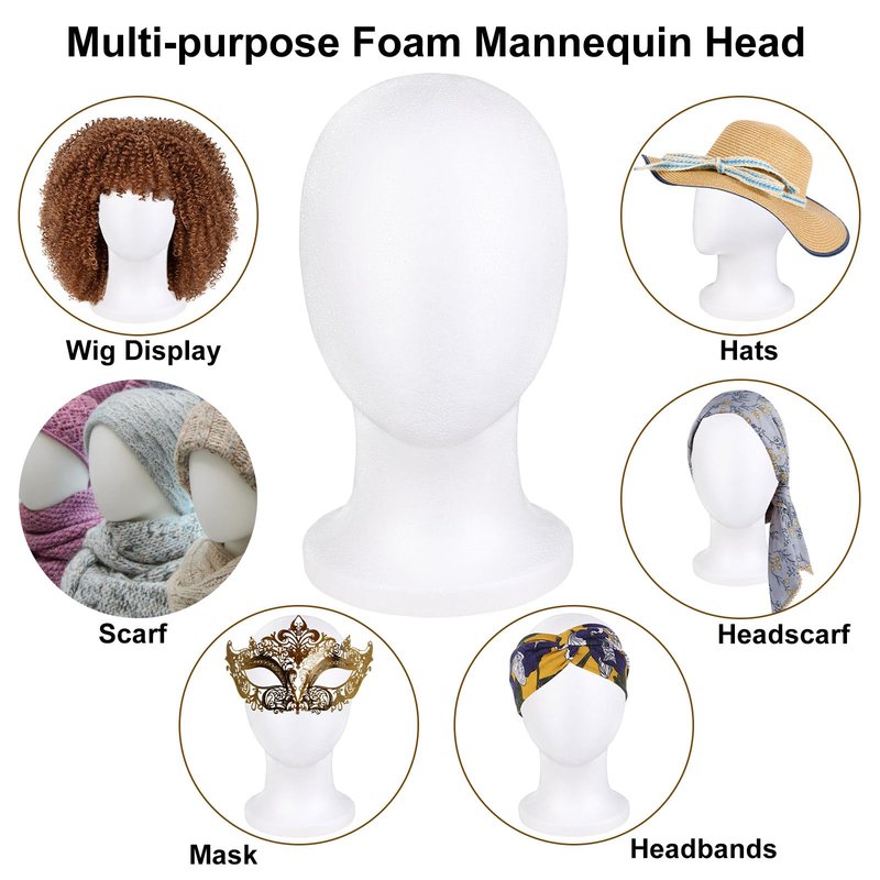 COOKOO 3 PCS Faceless Foam Mannequin Head Wigs Holder Styrofoam Wig Head Stand Wigs Foam Heads for Style, Model Hats ,Display Hair, and Hairpieces, Mask ,Home, Salon and Travel (3 Pieces)