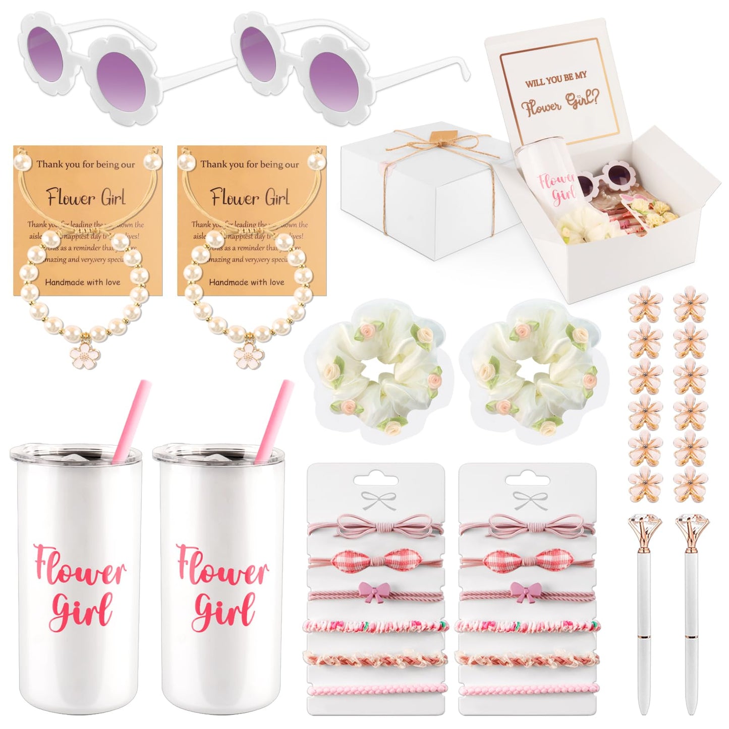 40pcs Flower Girl Proposal Gifts Set of 2, White 12oz Tumbler Sunglasses Pearl Bracelet Diamond Pen Hair Ties Flower Girl Sets for Little