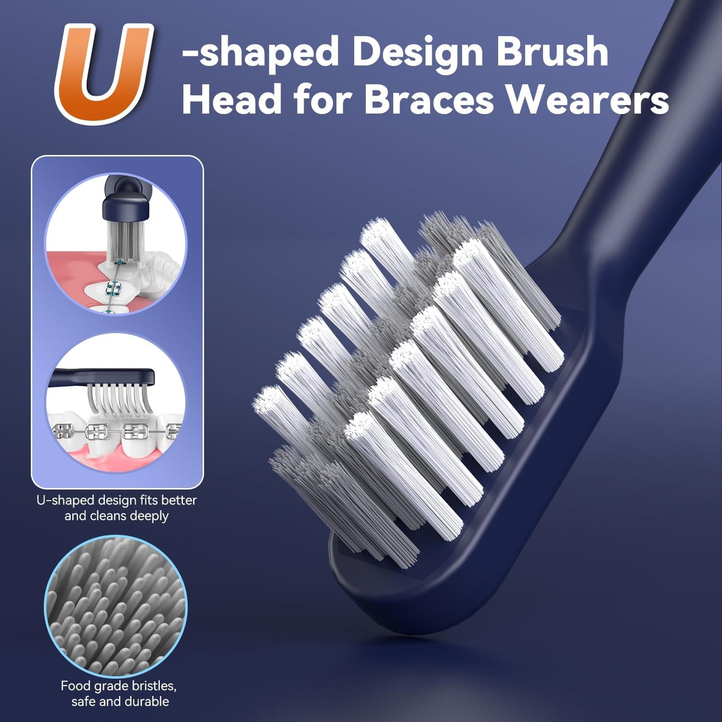 Orthodontic Electric Toothbrush for Braces - 6 U-Shaped Brush Heads, 5 Modes, IPX7 Waterproof | Rechargeable Sonic Clean