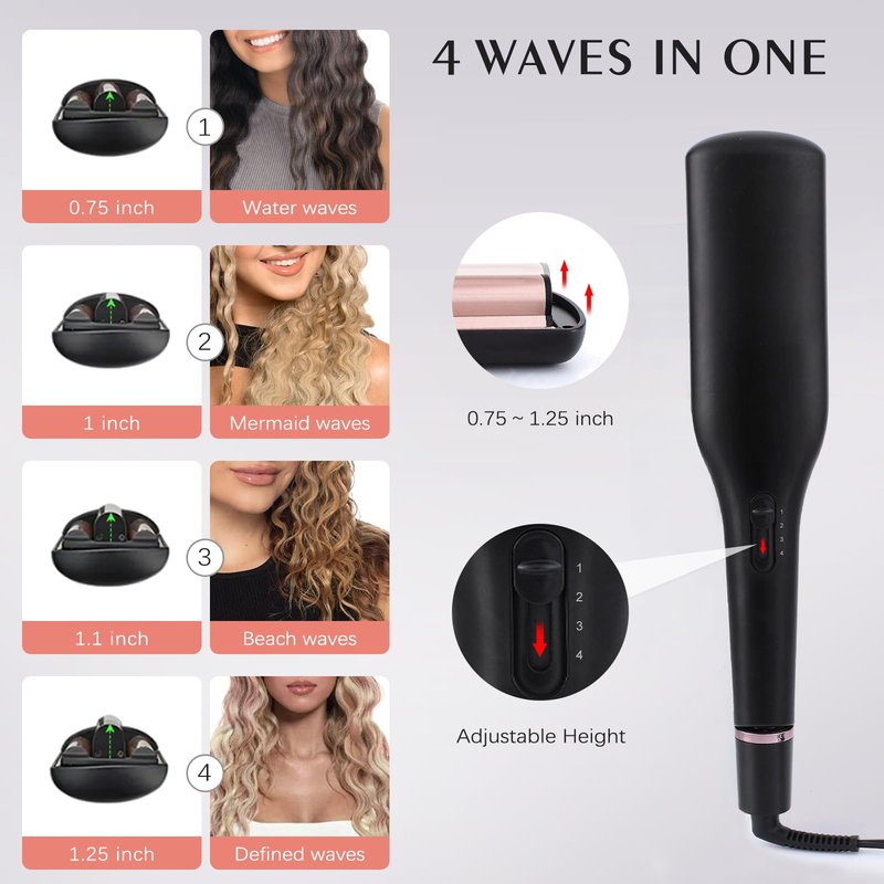 4 in 1 Crimper Hair Tool - Hair Waver with Adjustable Depths for 4 Wavy Styles, Beach Waves Curling Iron with 3 Ceramic Barrels, 4 Temperatures, Dual Voltage, for Women (Gold)