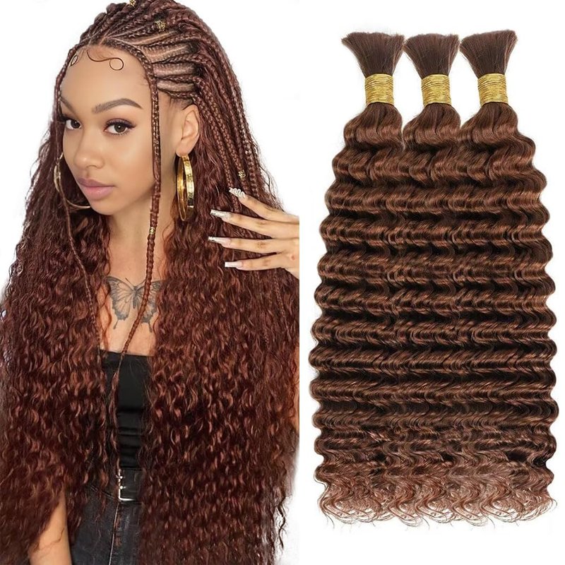 Brown Human Braiding Hair for Boho Braids 150g 3 Bundles/Pack 16 16 16 Inch Curly Boho Hair for Braiding Knotless 8A Deep Wave Bulk Bohemian Color 30
