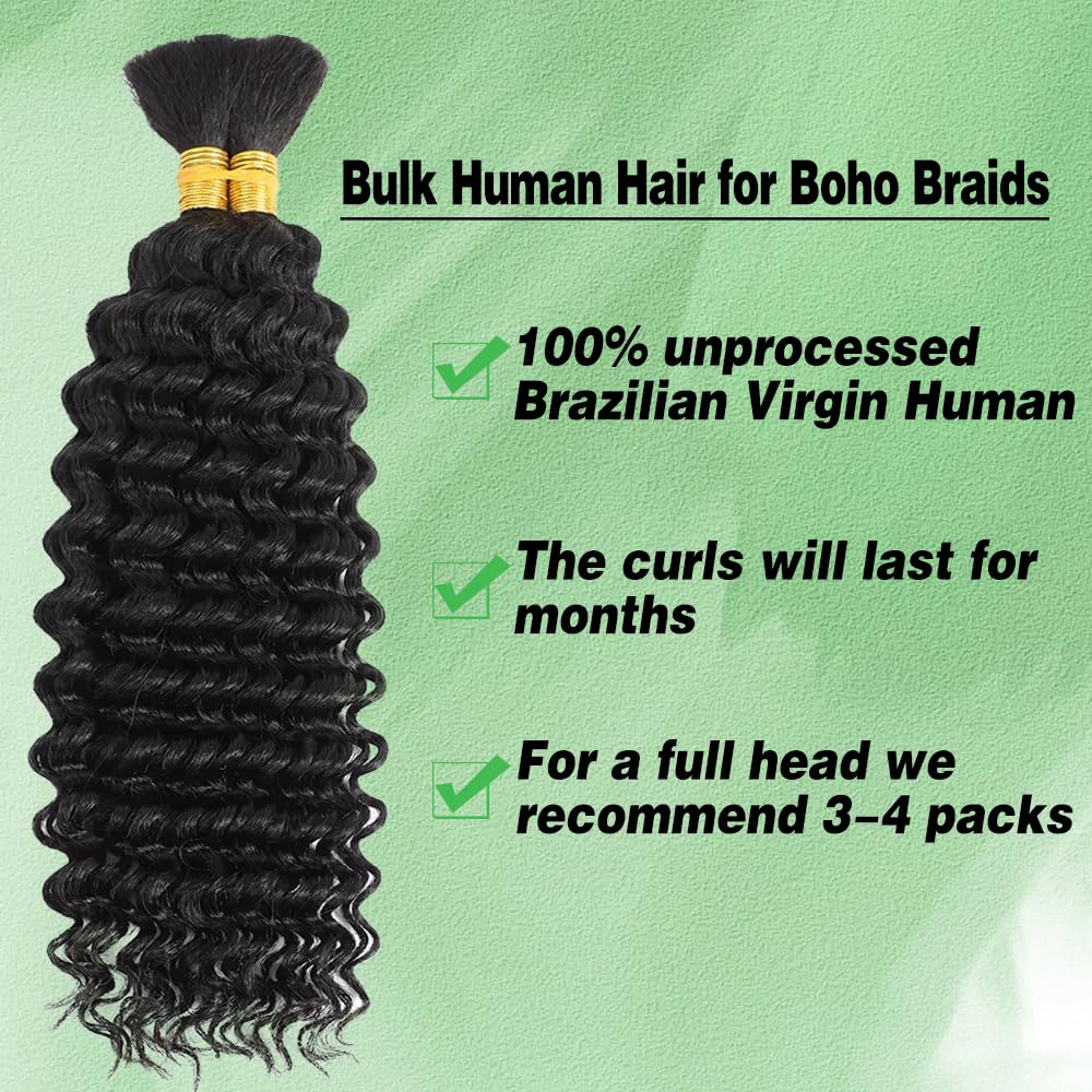Human Hair Braiding Extensions - 18 Inch Deep Wave Boho Braids | 2 Bundles, 100g, No Weft, Natural Color