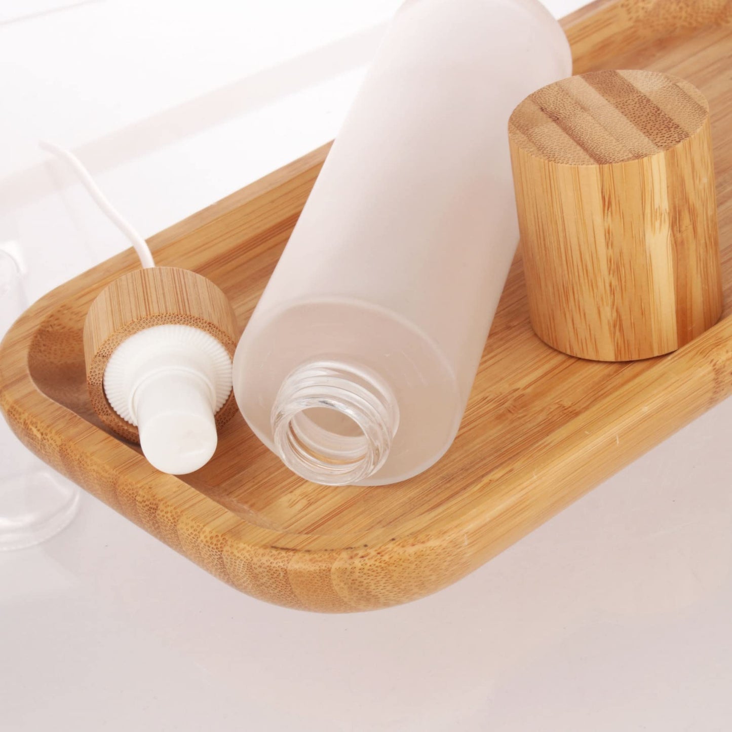 COSIDEA 4 pcs Empty5oz /150ml bamboo lid Frosted glass spray bottle with fine mist despenser head for liquid perfume toiletries containers, toner bottles