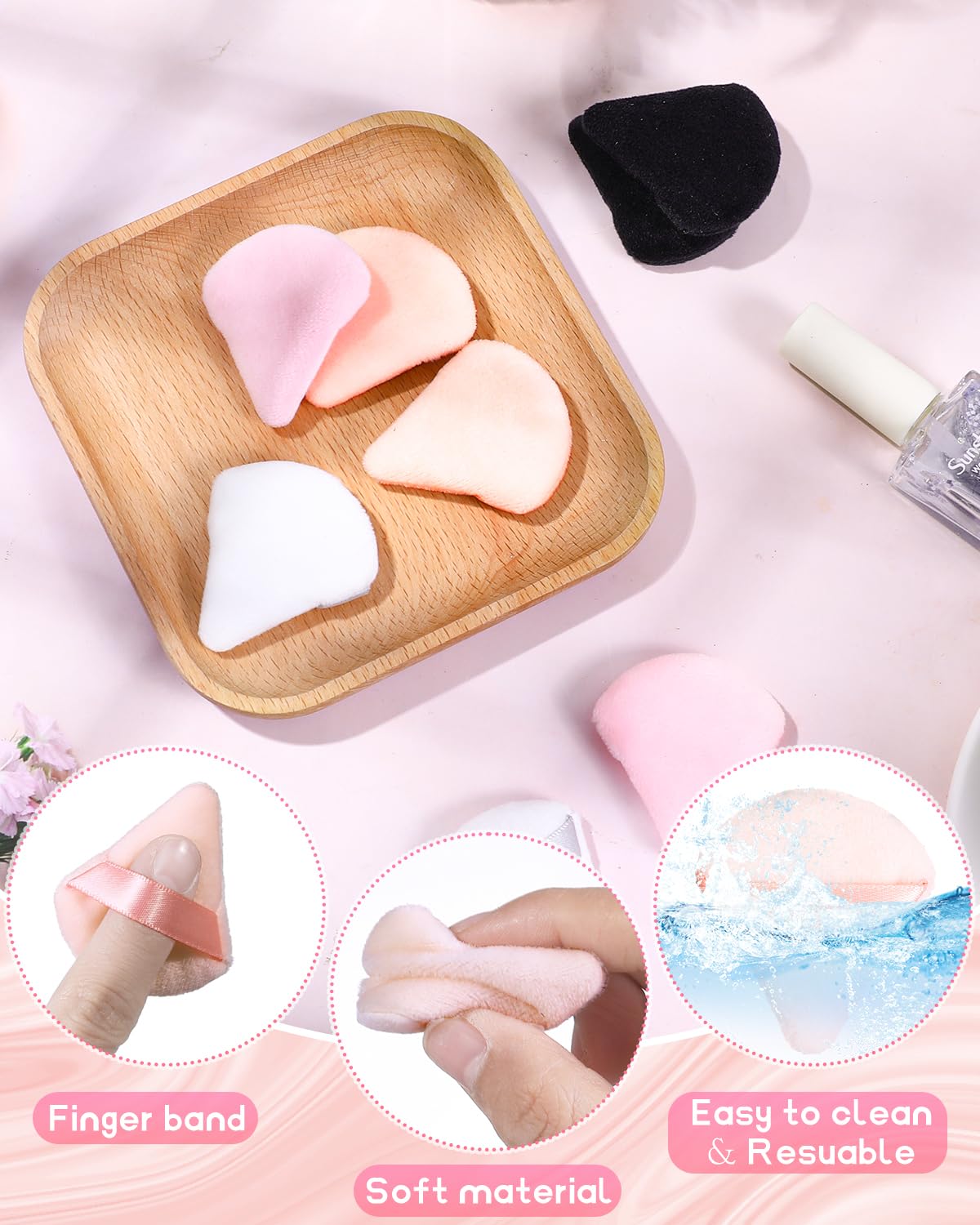Glavatrix 8 PCS Mini Powder Puff, Finger Setting Powder Puffs for Face, Small Velour Triangle Makeup Sponge (Black+White+Nude+Pink)