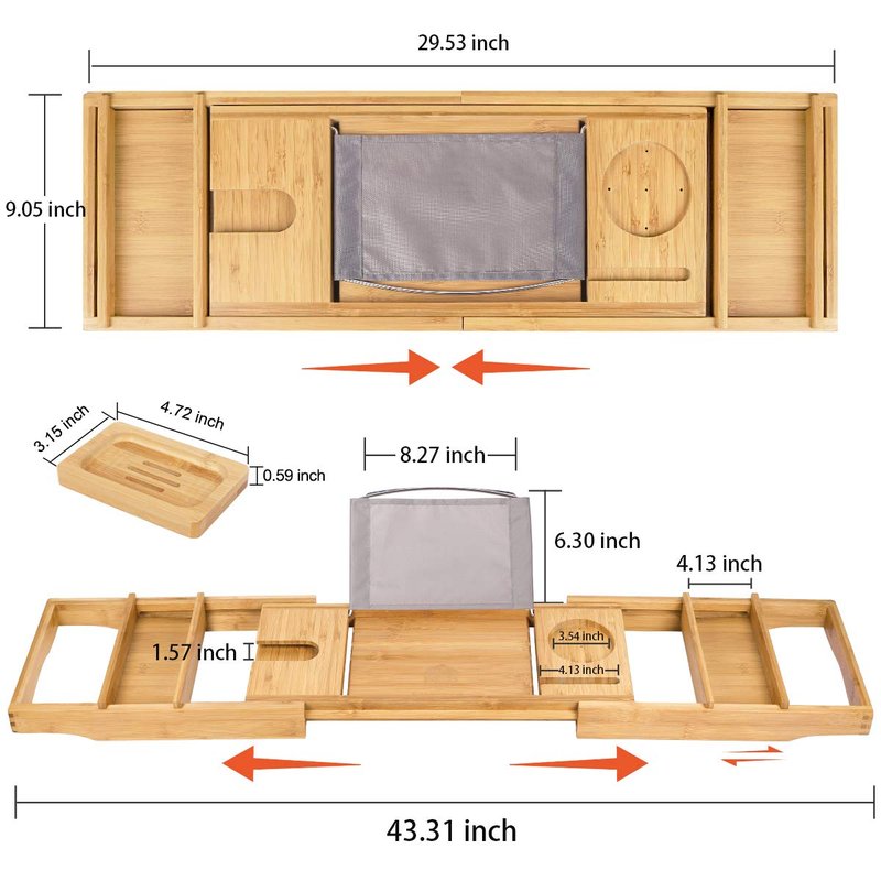 Bamboo Bathtub Caddy Tray Expandable for Luxury Bath, Bath Accessories & Table with Wine Glass Holder, Book Stand Bathroom Organizer with Extending Sides for Men/Women,Natural
