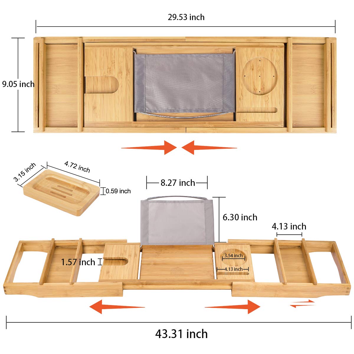 Bamboo Bathtub Caddy Tray Expandable for Luxury Bath, Bath Accessories & Table with Wine Glass Holder, Book Stand Bathroom Organizer with Extending Sides for Men/Women,Natural