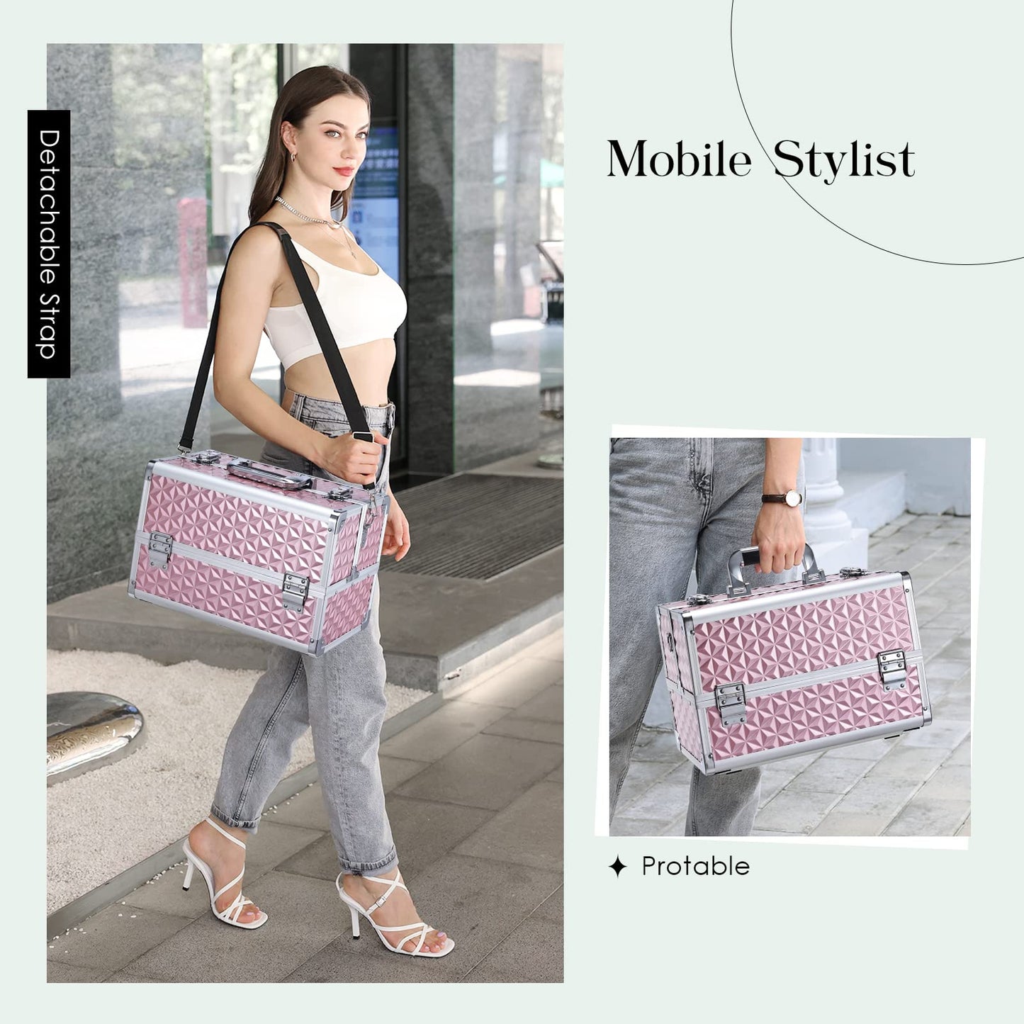 Joligrace Makeup Train Case Professional Cosmetic Organizer Aluminum Storage Box with 4 Adjustable Dividers Trays Lockable Portablewith Shoulder Strap - Neutral Pink
