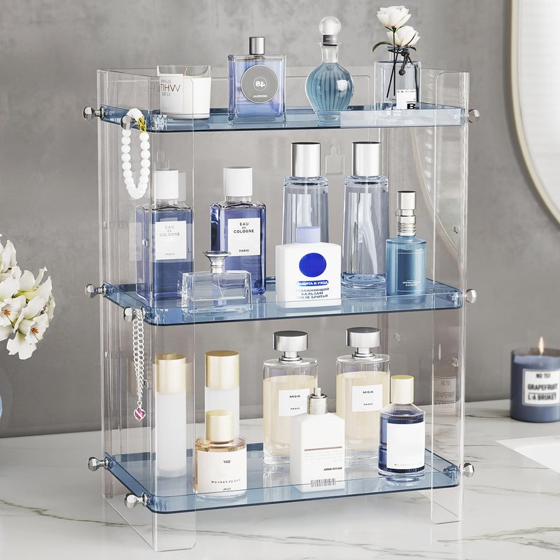 Delamu Bathroom Countertop Organizer, 3 Tier Adjustable Corner Makeup & Skincare Organizer with Protective Guard Rail, Transparent Design for Vanity, Bathroom Counter, Ideal for Girls