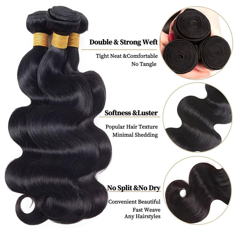 Body Wave Bundles Human Hair 12 14 16 Inch 100% Unprocessed 12A Brazilian Virgin Hair Human Hair Extensions Quick Weave Bundles Double Weft Natural Color