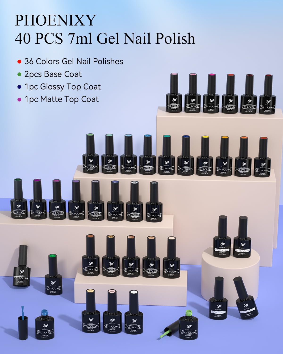 phoenixy Gel Nail Polish, 36 Colors Gel Polish Set with 4 Pcs Base Matte Glossy Top Coat Gel Polish Kit Soak Off UV Gel Nail Polish Set Manicure at Home Gift for Women (PCE9009)