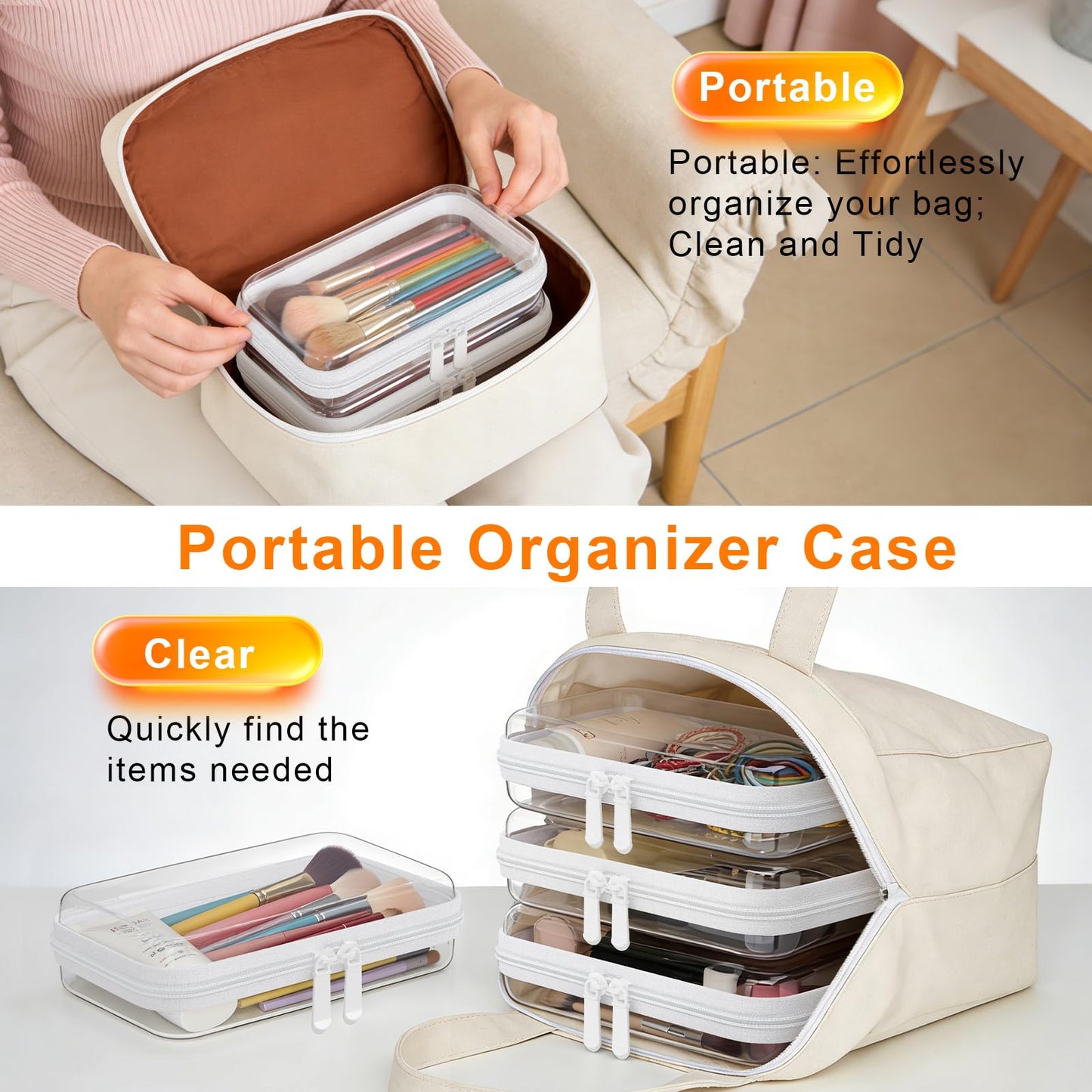 3PCS Clear Hard Shell Zipper Case,Toy Organizers and Storage Box,Clear Toiletry Cosmetic Case,Travel Makeup Bags, Diaper Bag Organizer,Pencil Case,Stackable Portable Transparent Zipper Pouches Black-L