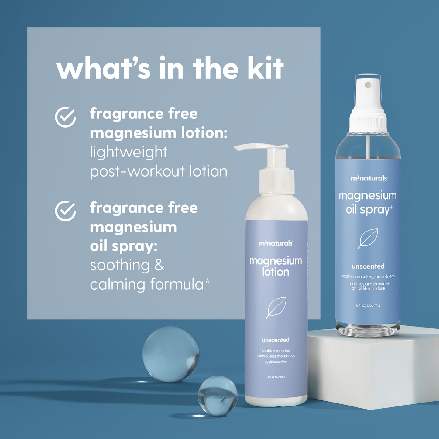 Unscented Magnesium Lotion & Spray for Sleep, Suitable for Sensitive Skin, Helps with Muscle Relaxation, Soothes Tired Legs & Foot Aches and Supports Restful Nights, 8 & 12 fl oz by M3
