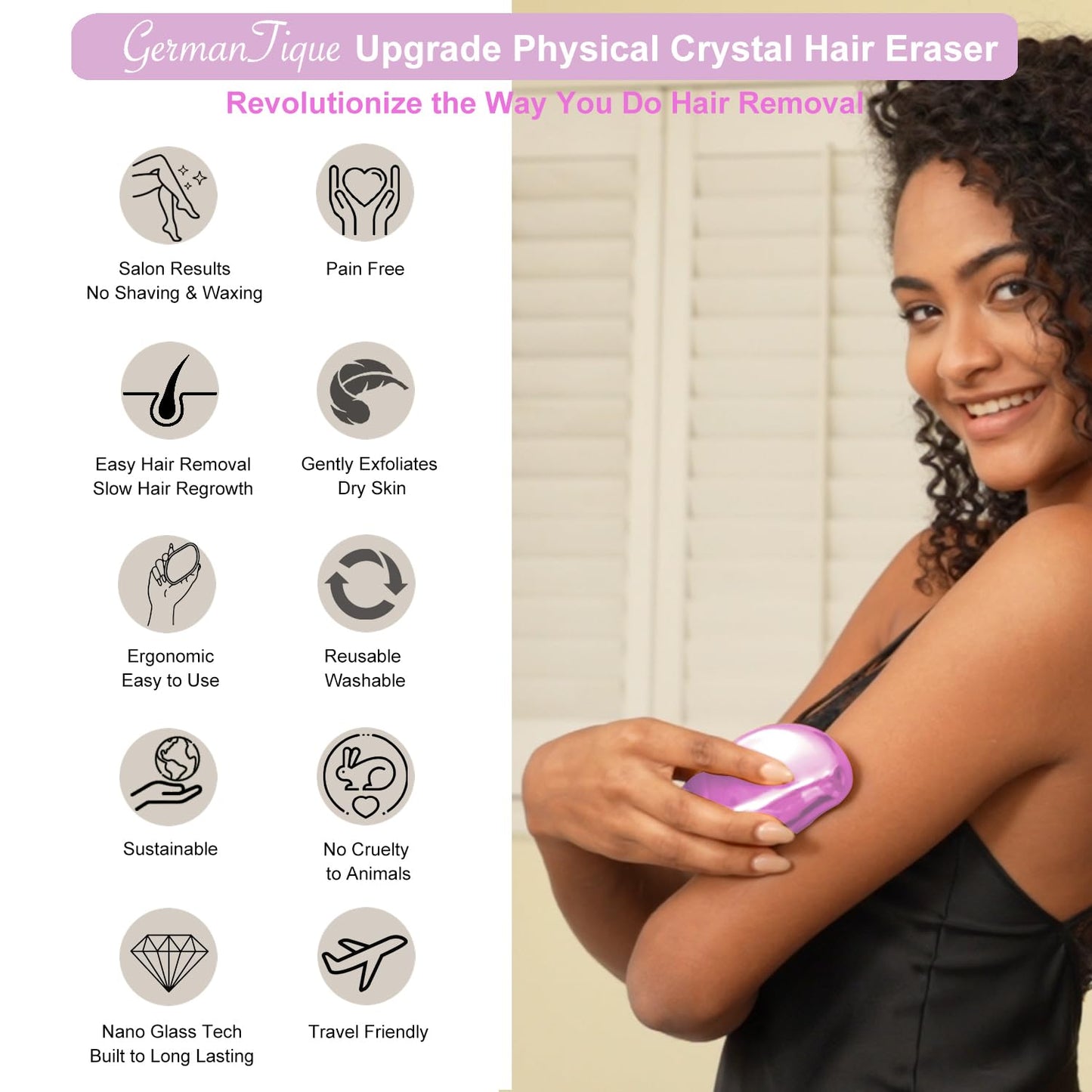 Germantique Crystal Hair Eraser,Natural Crystal Hair Remover,Reusable Painless Nano Glass Hair Removal Device Without Shaver,Gentle Crystal Epilator and Exfoliator for Soft Silky Skin(Light Pink)