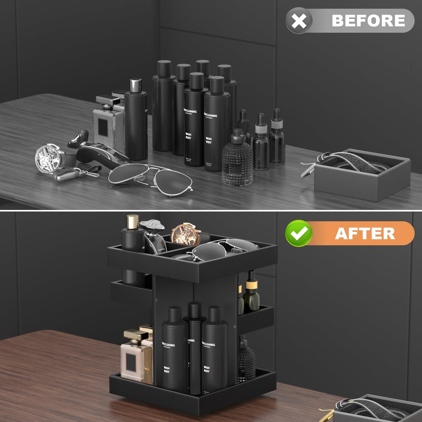 SNYTHX 360 Rotating Cologne Organizer for Men and Women, Large Wood Perfume Stand and Grooming Station for Bathroom Vanity & Dresser Countertop, Gift for Dad Husband Boyfriend, Black