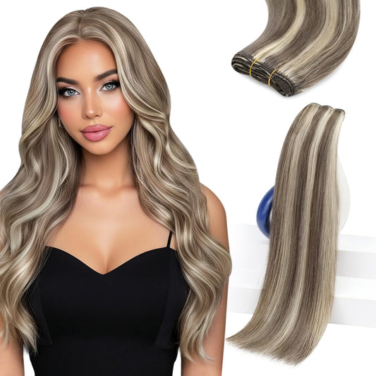 Sunny Hair Sew in Hair Extensions Real Human Hair Highlights Double-Wefted Light Brown with Platinum Blonde Short Hand-Tied Bundles All-Day Comfort 12 Inch 70G