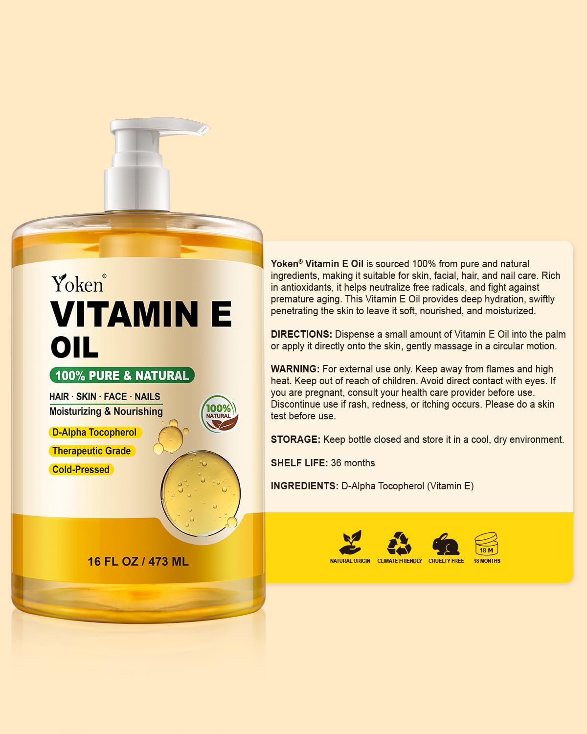 Yoken Vitamin E Oil for Skin 16 Oz Body Bath DIY oils for Face Cold Pressed