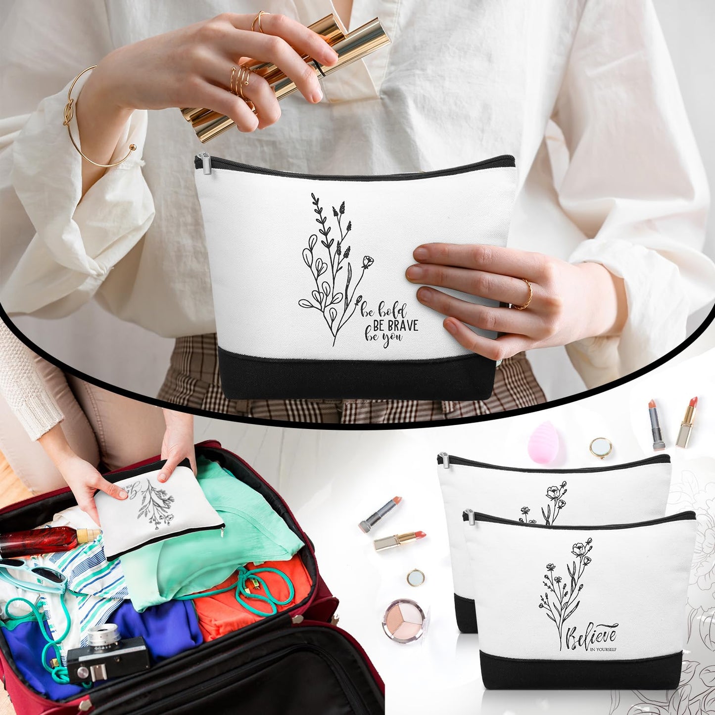 Sanwuta 20pcs Cna Week Gift for Women Inspirational Makeup Bags with Zipper Thank You Cosmetic Bags Gift for Teacher Nurse Graduation (Flowers)