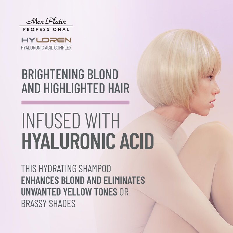 Mon Platin Professional HYLOREN Blond Hair Shampoo with Hyaluronic Acid for Blond & Highlighted Hair, Shampoo for Blond Hair, SLS/SLES Free, Moisturizing Shampoo, Purple Shampoo, 500ml