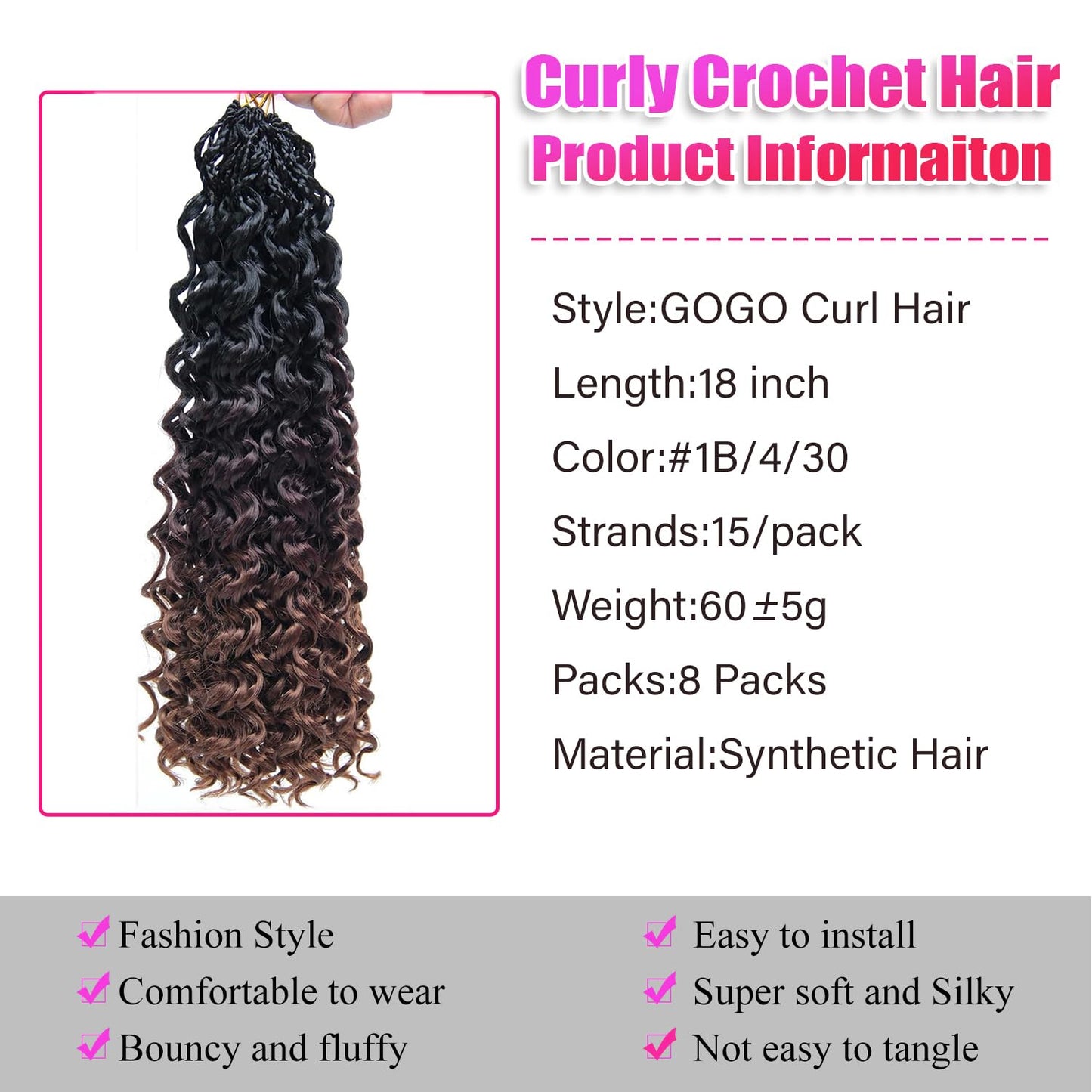 GoGo Curl Crochet hair 8 Packs Curly Crochet Hair for Women 18Inch 1B/4/30