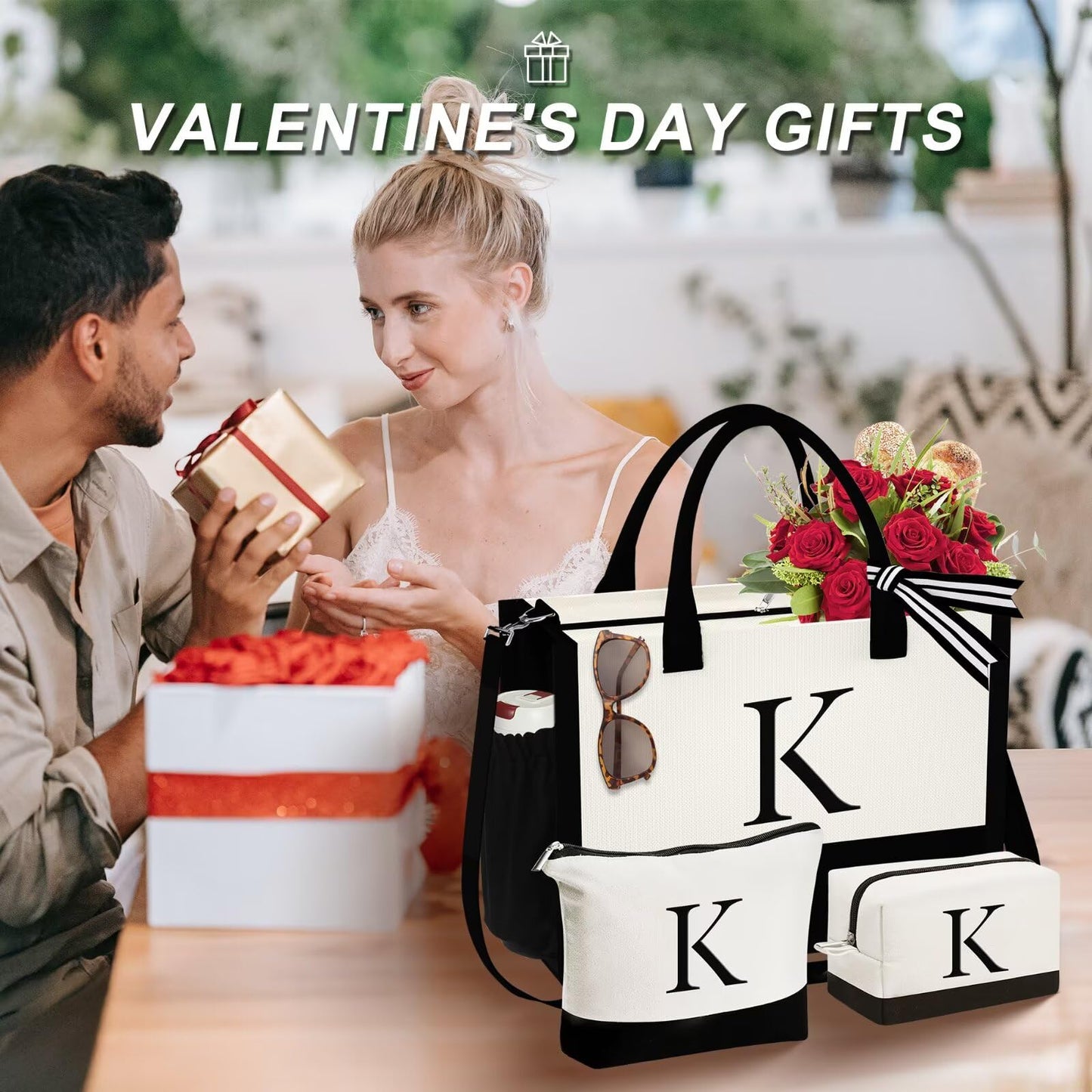 YOOLIFE Birthday Gifts for Sister - Initial Canvas Tote Bag & Makeup Bag, Letter D