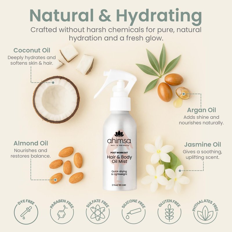 Ahimsa Hair & Body Oil Mist Spray - Lightweight Hydrating Glow Mist with Coconut, Argan & Jasmine | Fast-Drying Non-Greasy Shine (2oz)
