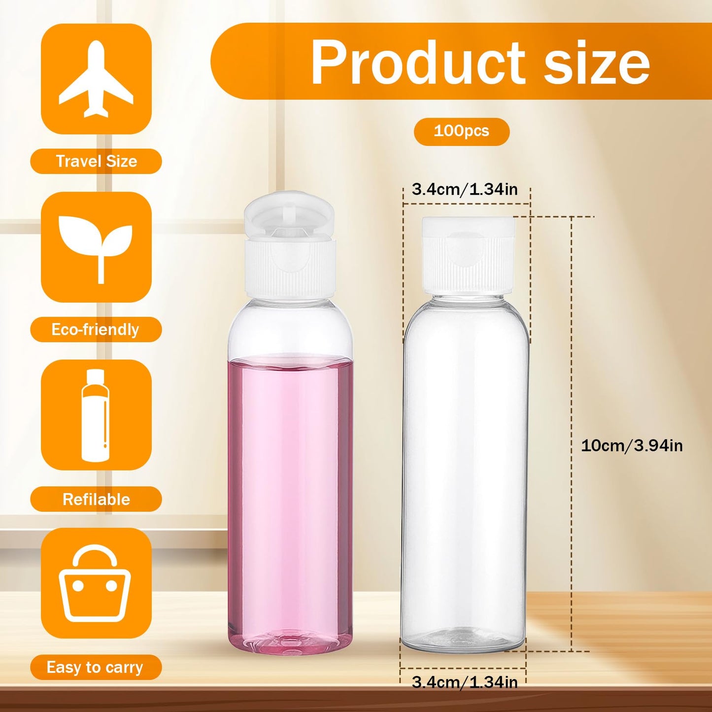 Dimeho 100 Pcs Travel Bottles, 2 oz Plastic Bottles with Flip Cap TSA Approved Leak Proof Empty Refillable Travel Size Cover Cap Portable Dispensing Squeeze Containers for Toiletries Travels Liquid