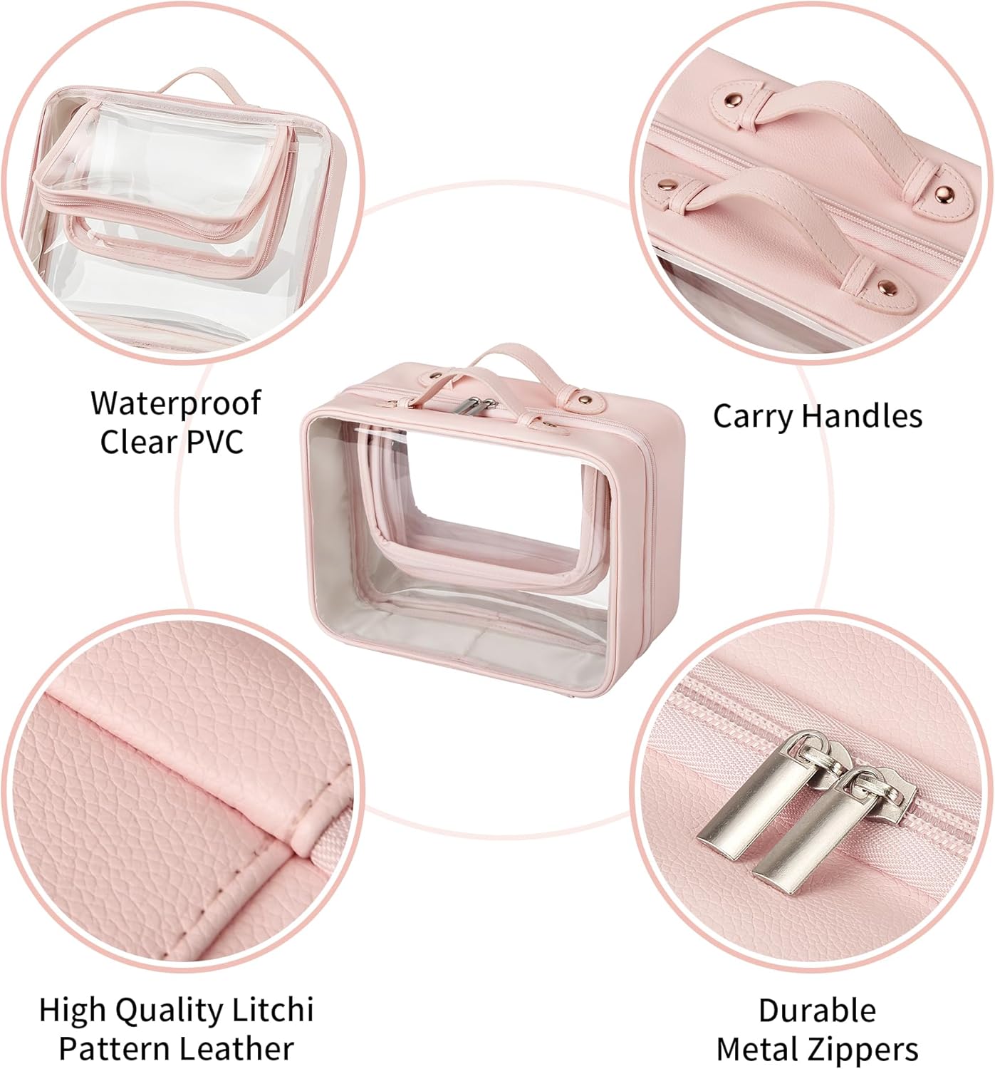 TSA Approved Clear Toiletry Bag - Waterproof Travel Makeup Organizer for Women | Large Pink Cosmetic Bag