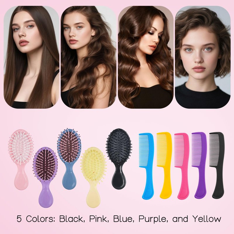 Bulk Hair Brush and Combs Set, Individually Wrapped Detangling Brushes for Wet & Dry Hair, Disposable Hairbrush for Women Men Travel Hotel Shelter Charity Supplies 5 Colors (5.5 inch, Count, 100)
