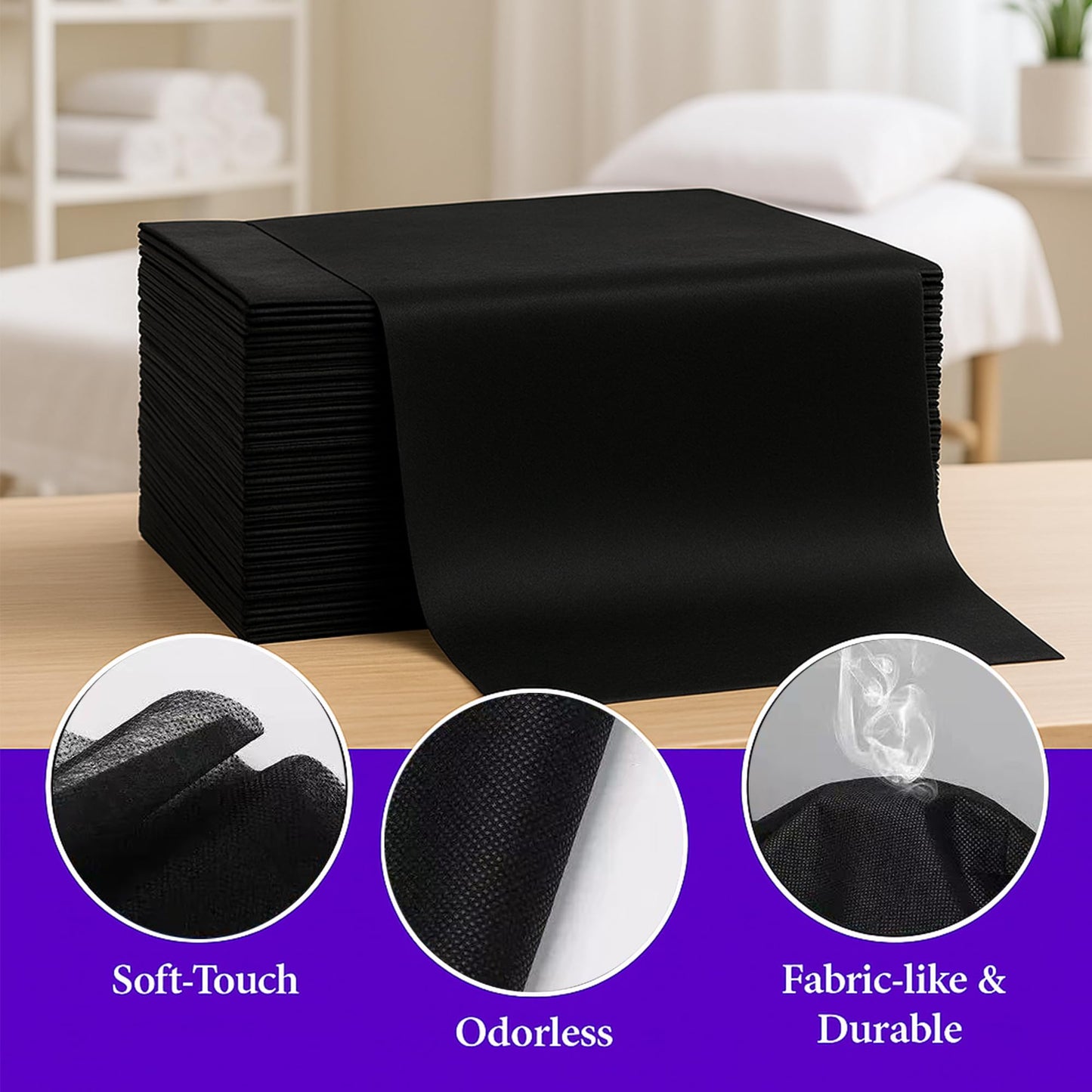 Celmuron 100 PCS Disposable Massage Table Sheets – Black 31.5'' × 79'' Non-Woven Spa Bed Covers, Soft & Breathable for Massage, Beauty, Tattoo