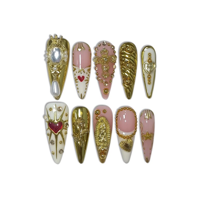 TENPAL 10Pcs Handmade Egyptian Press On Nails With Tools,Golden Palace Long Stiletto Glue on Nails,Glossy Sacred Rose & Cross Charms Fake Nails with Crystal Luxe,Acrylic Nails for Women Gifts(M)