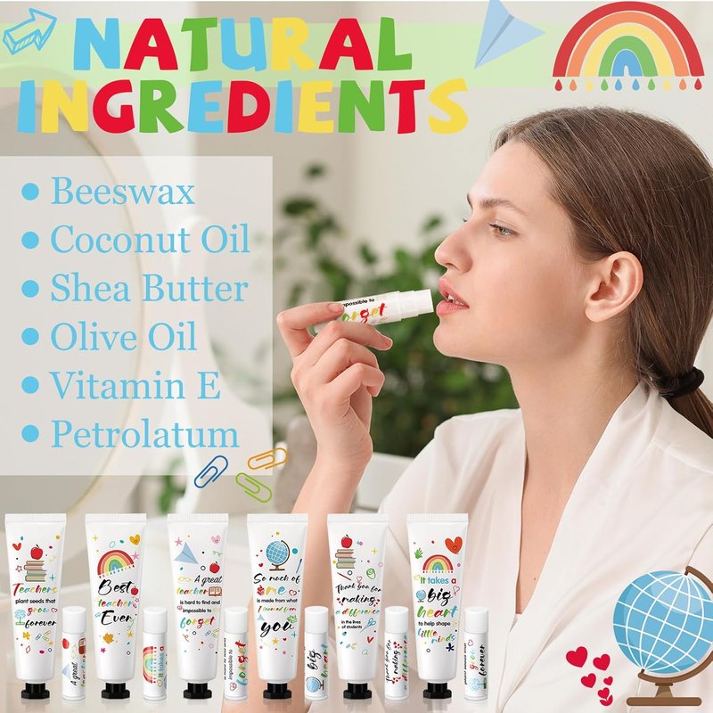 Teacher Appreciation Gifts - 48 Set Lip Balm & Hand Cream with Cards | Travel Size Moisturizing Lotion