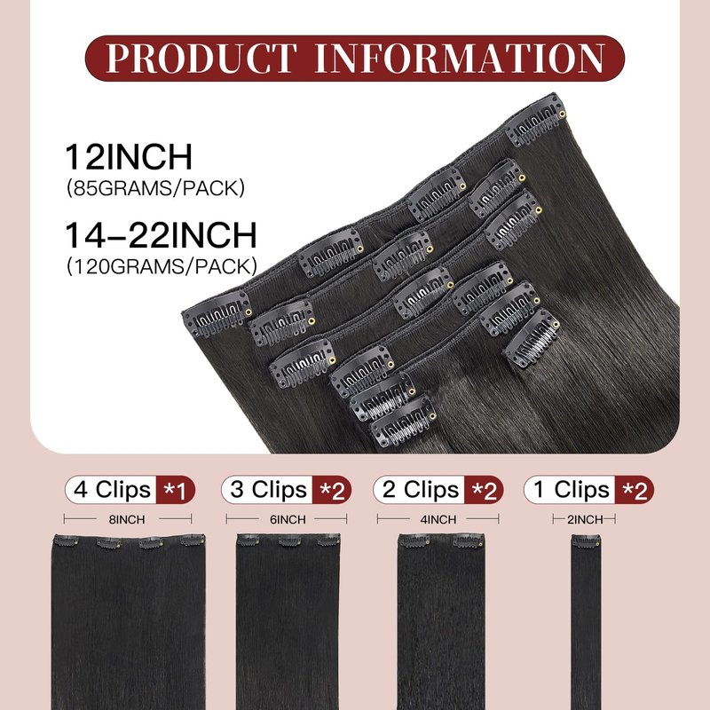 LOVELINE Clip in Hair Extensions Real Human Hair, 100% Remy Human Hair Extensions Clip Ins for Women, 7Pcs 12Inch 85g, Natural Black