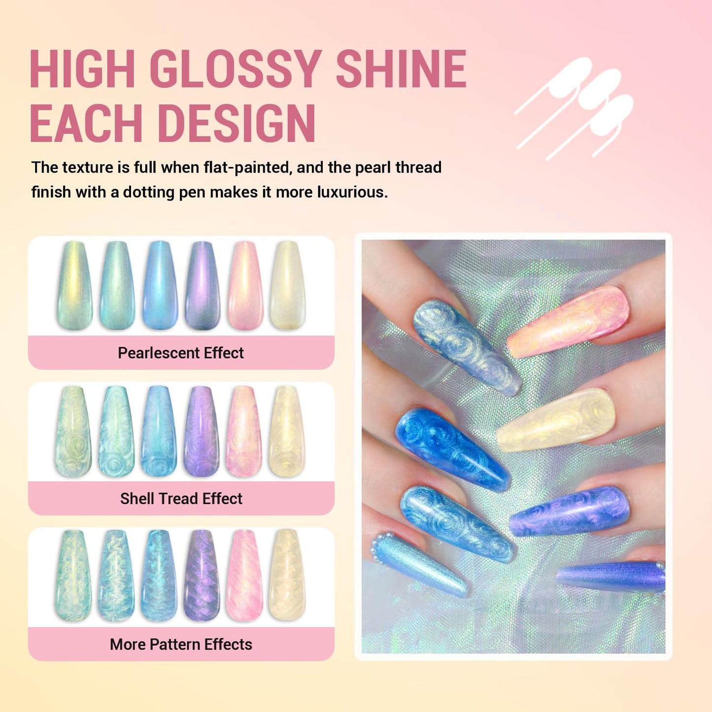 CHARMACY Pearl Gel Nail Polish Set - 6 Colors Shimmer Blue Pink Yellow Shell Gel, Aurora Shell Effect, Mermaid Nails LED UV Soak Off