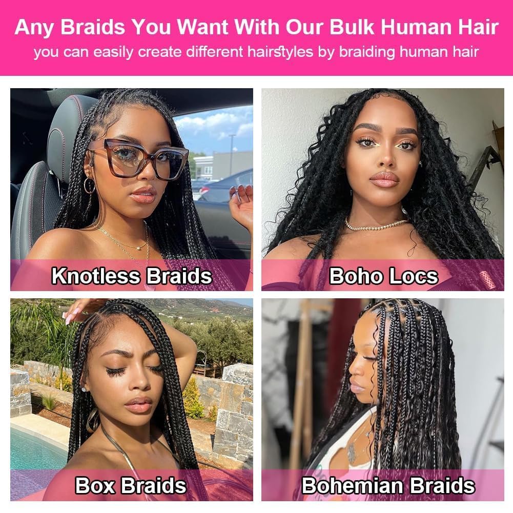 Human Braiding Hair 2 Bundles/Pack 100g Deep Wave Human Bulk Hair for Braiding No Weft 10A Brazilian Virgin braiding Hair for Boho Braids Extensions (Natural Color, 14 inch)