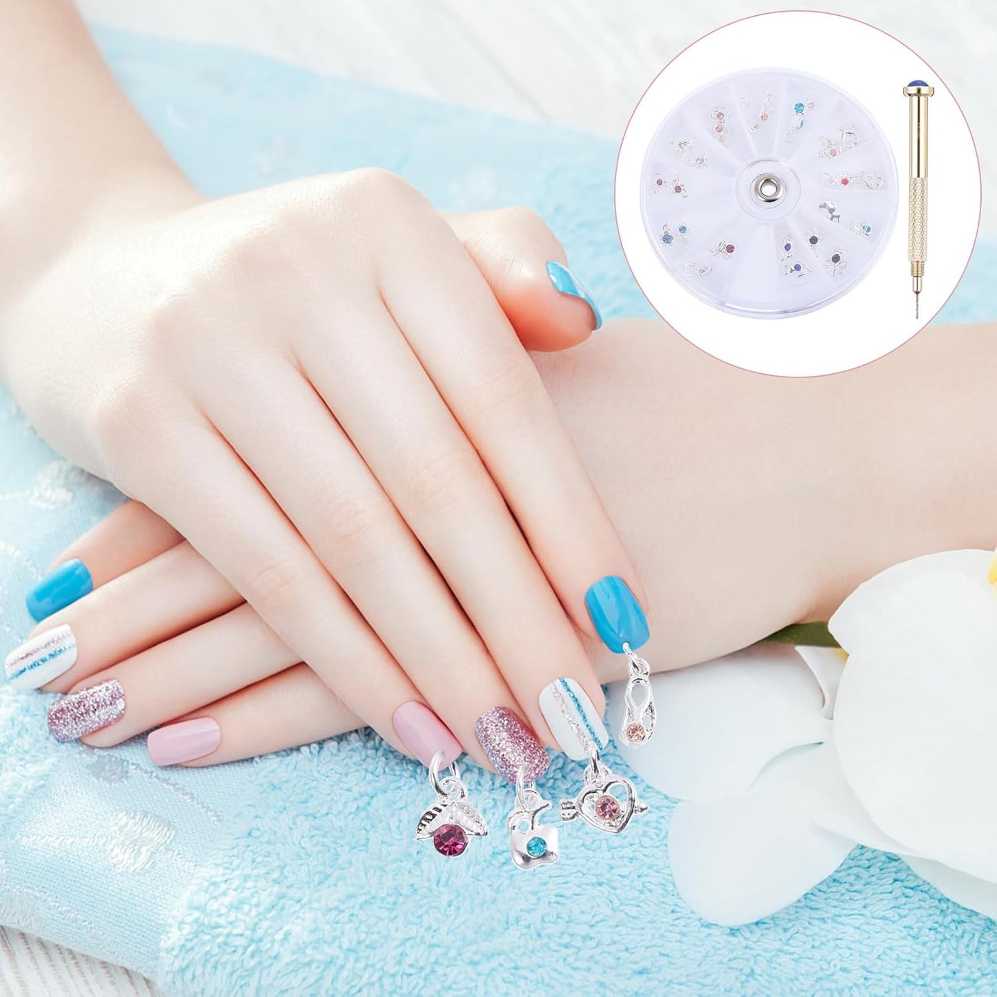 Nail Piercing Tool Kit - 24Pcs Dangle Nail Charms Set | Portable Hand Drill for Acrylic Art & DIY Designs