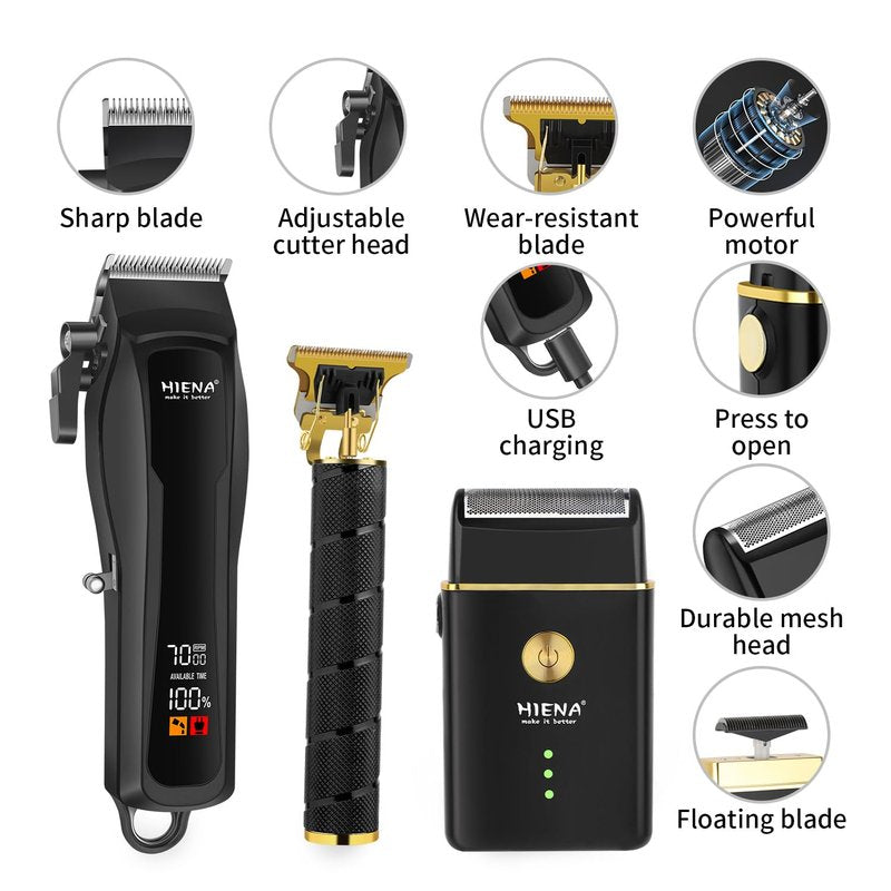HIENA PRO Professional Hair Clipper Set for Men, Cordless Barber Clippers Set and Trimmer Kit, USB Rechargeable Electric Beard Trimmer Foil Shaver & Men's Facial Grooming Tool Kit, Gifts for Men