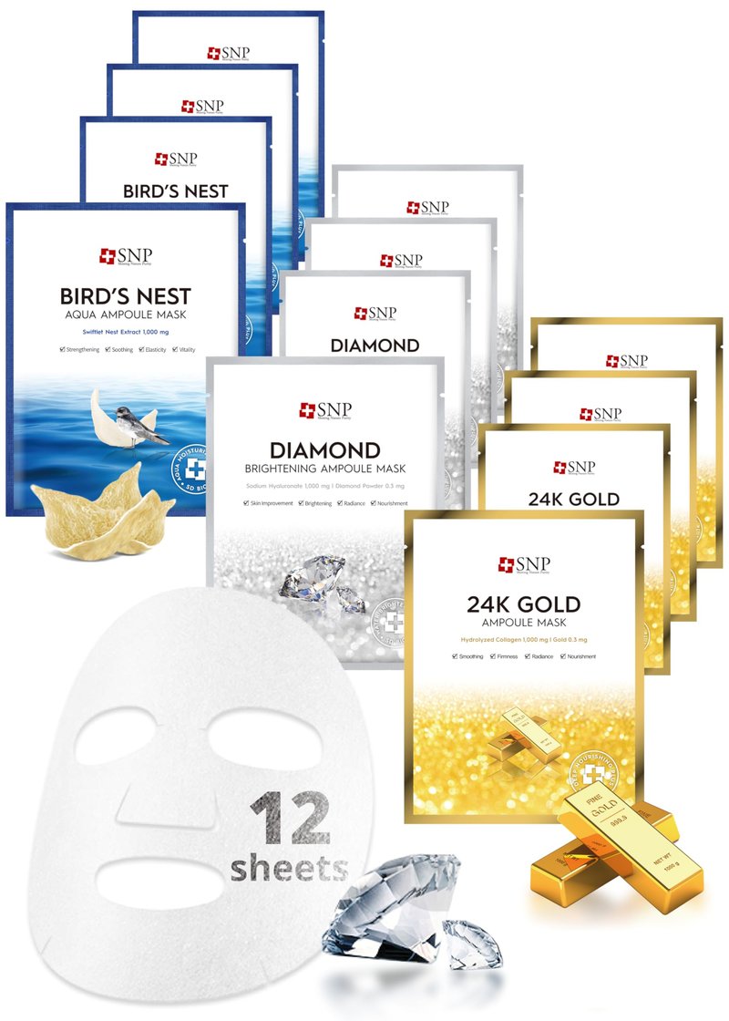 SNP Variety Ampoule Sheet Mask Set | Bird's Nest, 24K Gold, and Diamond Face Mask | Hydrating, Moisturizing, Nourishing for Sensitive Facial Skin | Korean Face Masks Skincare | 12 Sheets