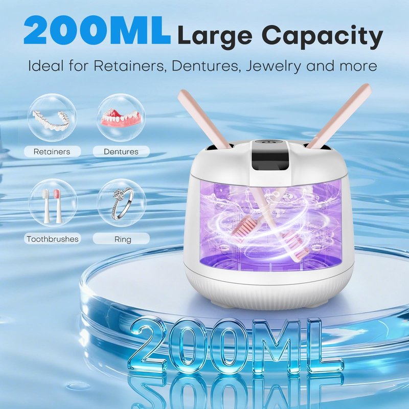 Cordless Ultrasonic Retainer Cleaner Machine, MEKO Rechargeable Denture Cleaner with 4000mAh Battery, 48kHZ, IPX5 Waterproof Dental Pod for Aligner, Braces, Jewelry, Toothbrush Head-White