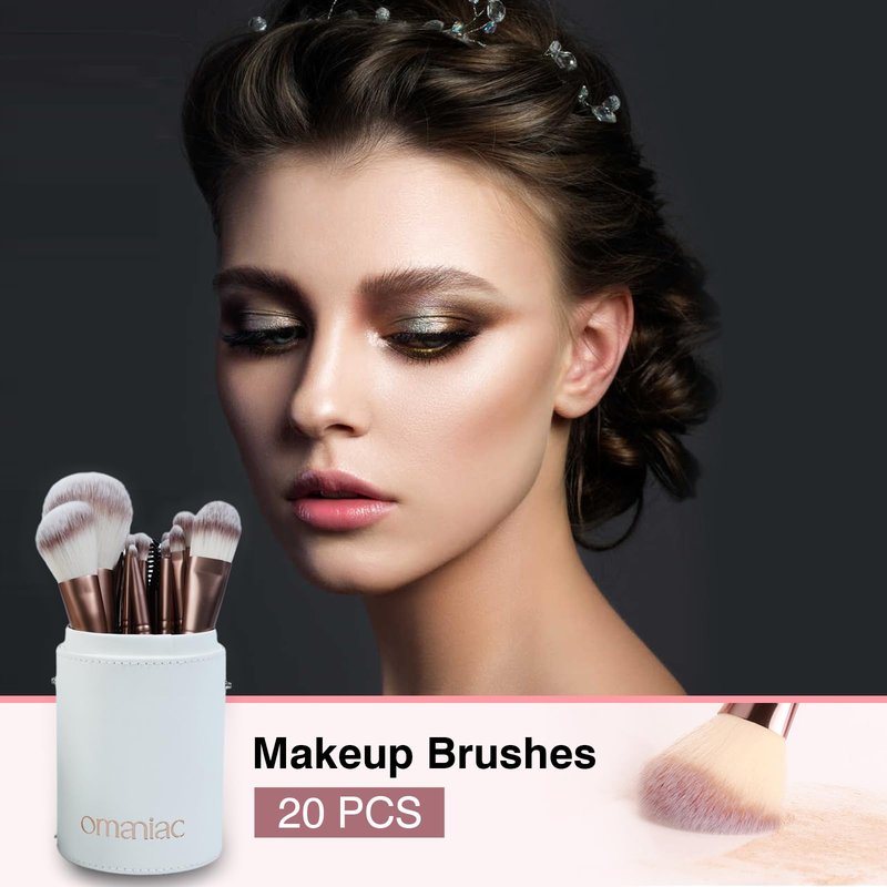 OMANIAC Makeup Brush Set Professional, 20Pcs Pearlescent Wood Handle Makeup Brushes, Premium Cruelty-Free Synthetic Fiber Hair, Travel Make up Brushes Set with Case (White)