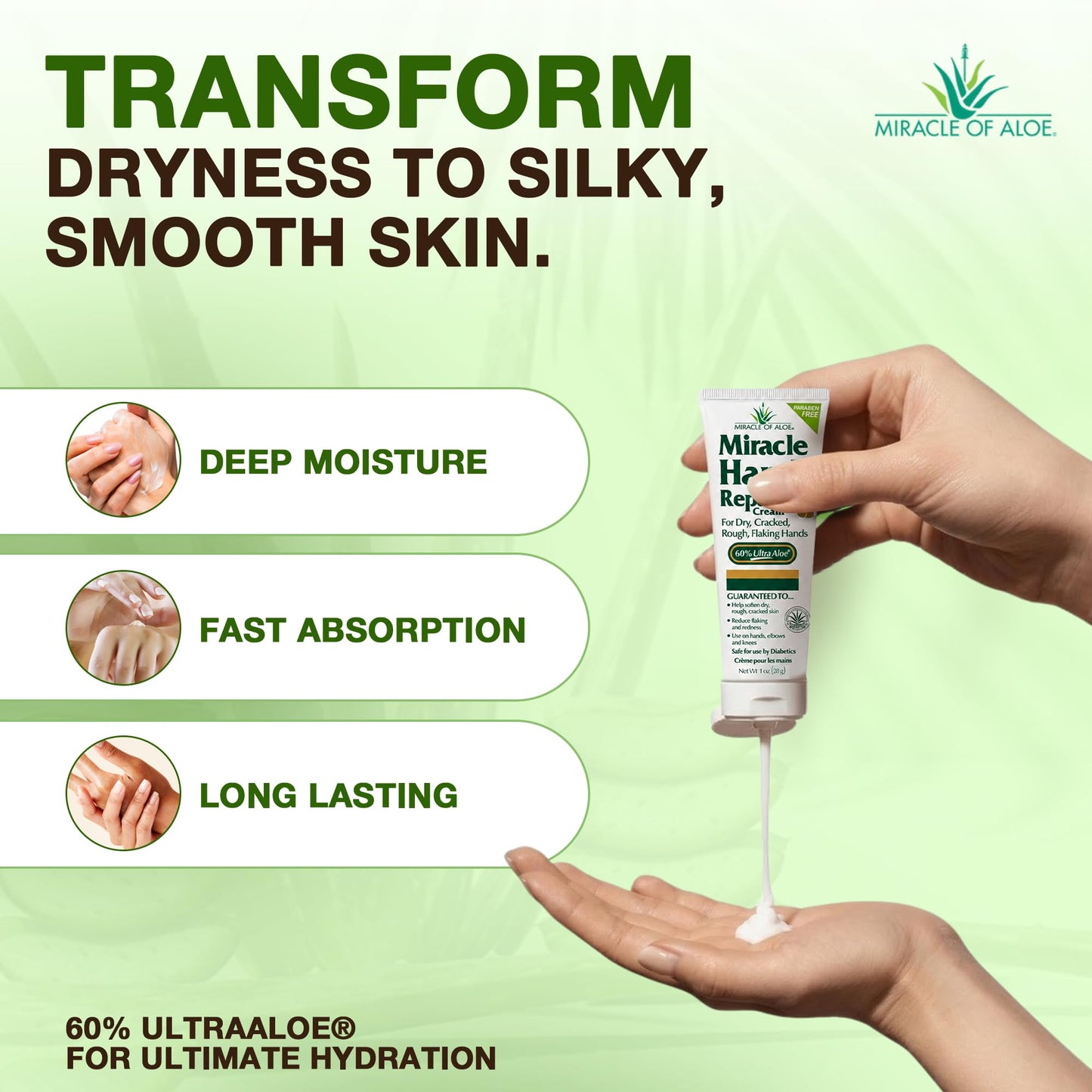 Miracle Hand Repair Cream for Dry Cracked Hands 1 oz Best Healing Hand Cream with 60% Aloe Vera - Non-Greasy Moisturizer for Working Hands - Fast Absorbing Lotion for Extremely Dry Skin (3-Pack)