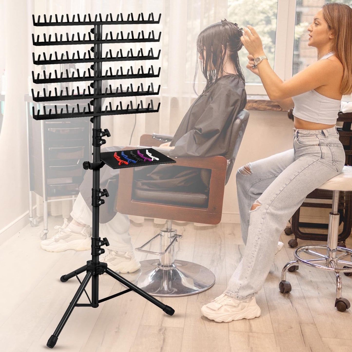 Klvied 144 Pegs Braiding Hair Rack Standing, Height Adjustable Hair Holder for Braiders with Accessory Tray & Carrying Bag, Heavy Duty Rolling Hair Organizer for Salon & Home (48.2"-62.9"), Black