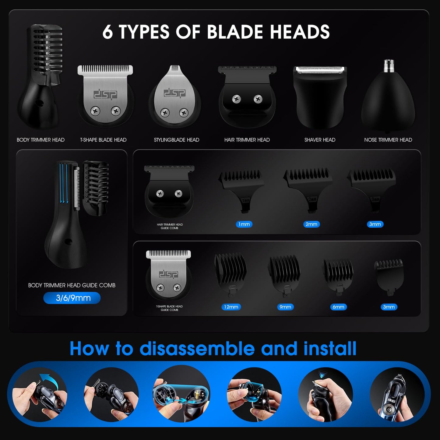 DSP® Beard Trimmer Rechargeable Body Grooming Sets Facial Hair Shaver for Nose Ear Public Hair Cutting Machine IPX7 Waterproof