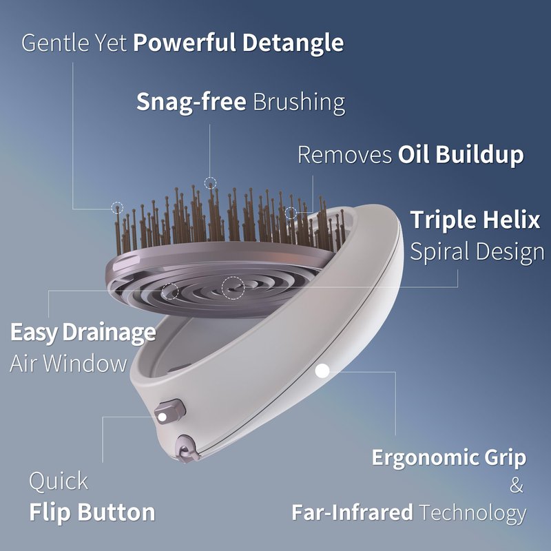 Uffy Spiral Shine Detangling Hair Brush for Wet & Dry Hair, Shower Detangler, Travel Brush — Anti-Frizz Bristles, Tangle-Free, Reduces Breakage, Ergonomic Handle, Moonlight White