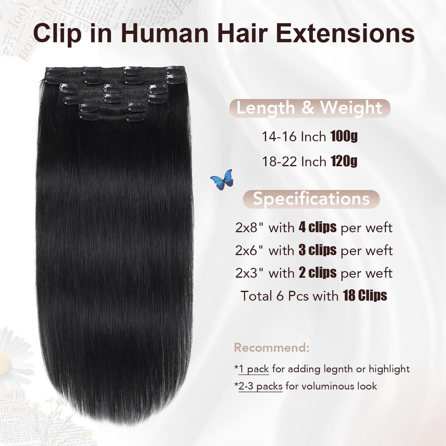 XDhair Black Clip in Hair Extensions Human Hair 100g 14Inch Black Clip in Hair Extensions 6Pcs Straight Real Hair for Women (#1,14Inch)