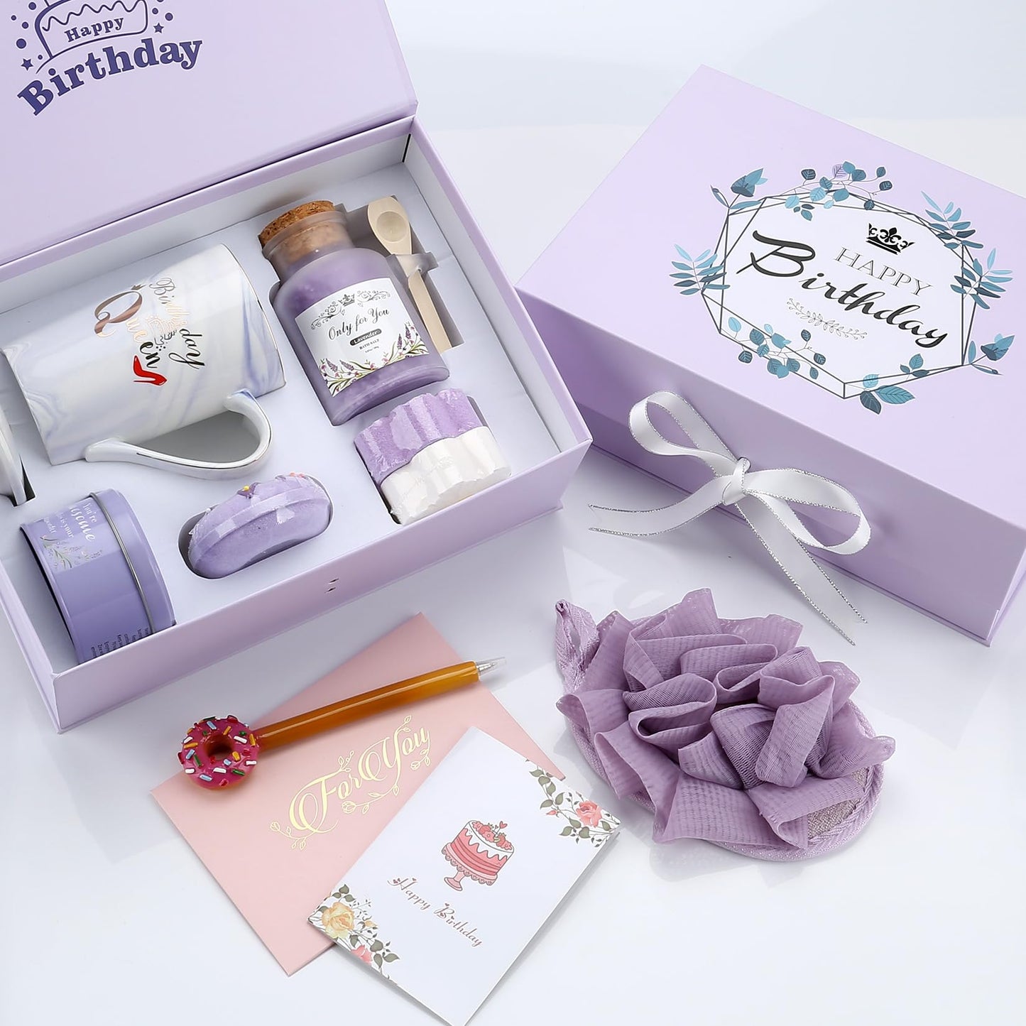 Whisysher Gift Basket for Women, Unique Relaxing Spa Birthday Gift Box, Purple Ceramic Mug, Lavender Scented Candle, Bath Bombs, Salt, Loofah Sponge