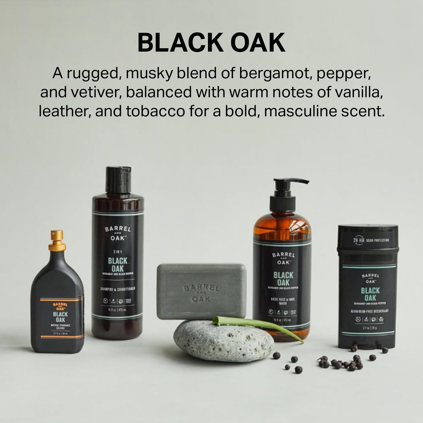 Barrel & Oak Black Oak Body Care Set for Men, All-in-One Body Wash, Exfoliating Bar Soap, & Aluminum-Free Men’s Deodorant, Vegan Grooming Kit, Gifts for Men, 3-Pack