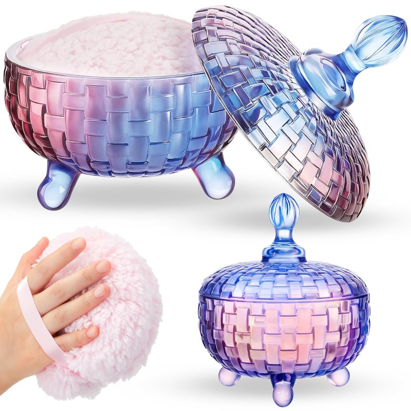 Tioncy 2 Pcs Extra Large Dusting Powder Puff and Container for Women-6'' Glass Crystal Dusting Powder Container with Body Soft Washable Reusable Velour Face(Gradient,Weave Design)