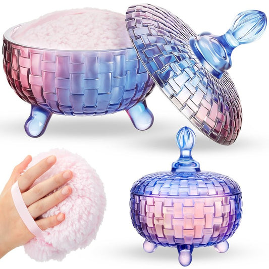 Tioncy 2 Pcs Extra Large Dusting Powder Puff and Container for Women-6'' Glass Crystal Dusting Powder Container with Body Soft Washable Reusable Velour Face(Gradient,Weave Design)