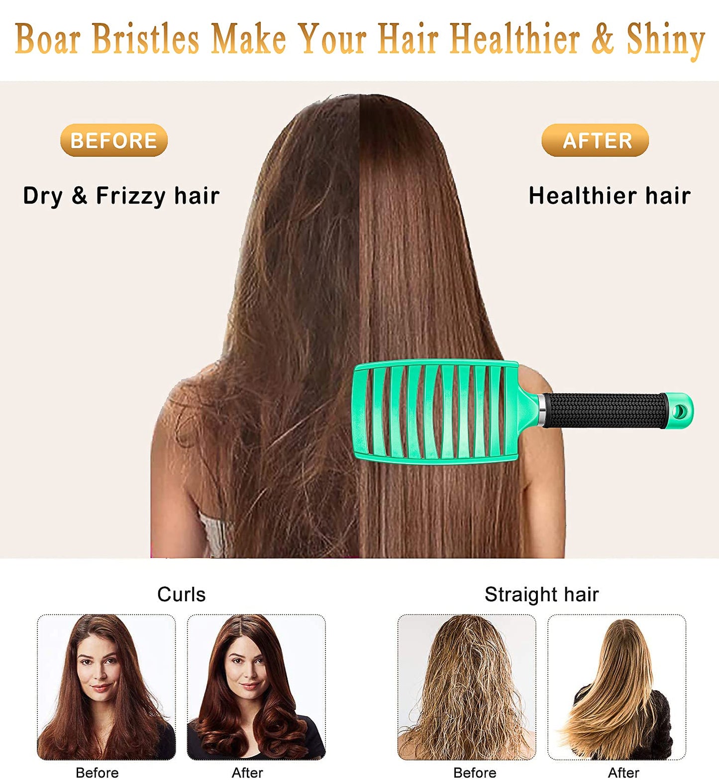 KTKUDY Detangling Brush Boar Bristles Hairbrush Make Hair Shiny & Healthier Curved and Vented Detangler Brush for Women Men Kids Wet & Dry Hair (Light green)